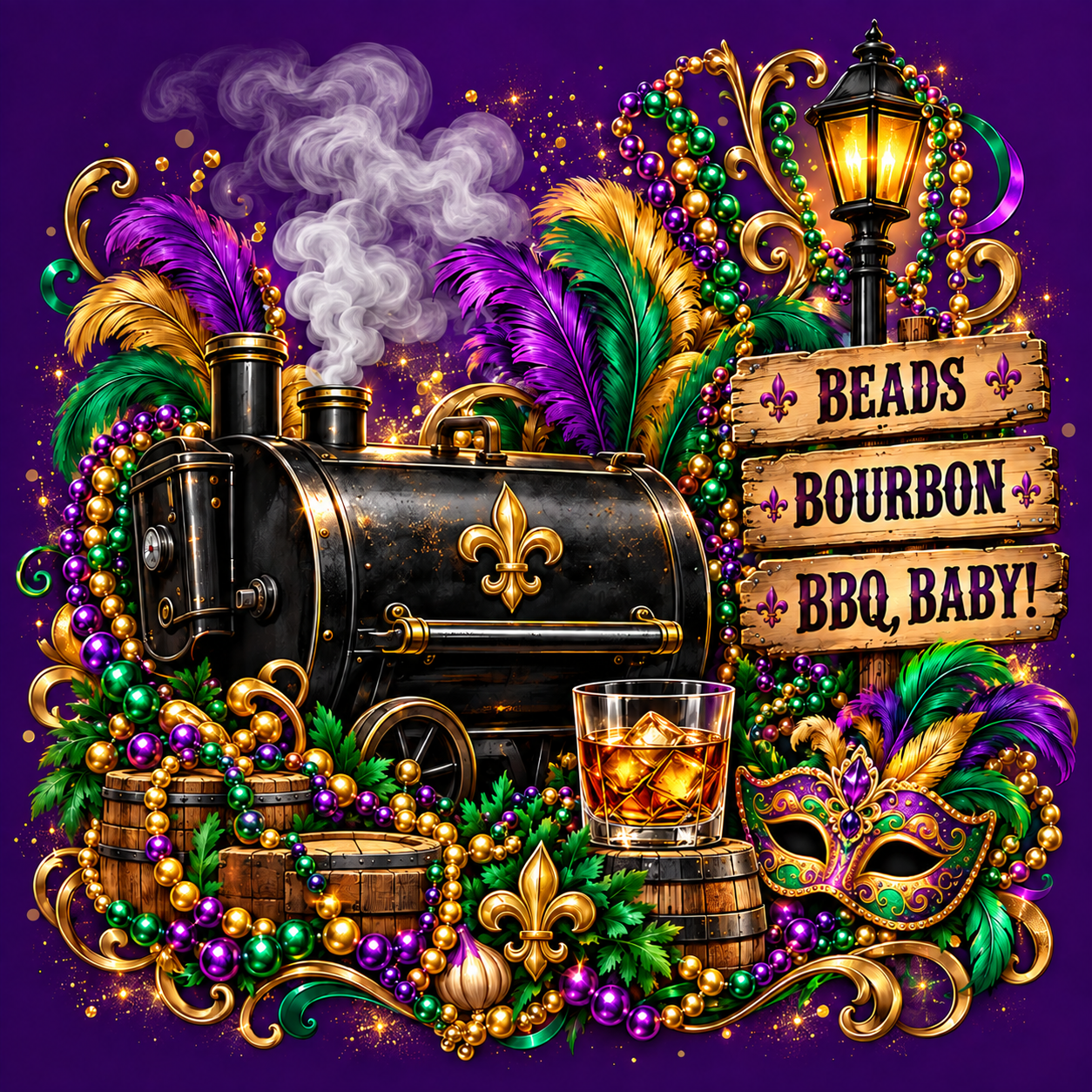 Mardi Gras beads, feathers and mask surrounding a Texas smoker, a Bourbon Street lantern, and wooden Beads, Bourbon, BBQ Baby signs